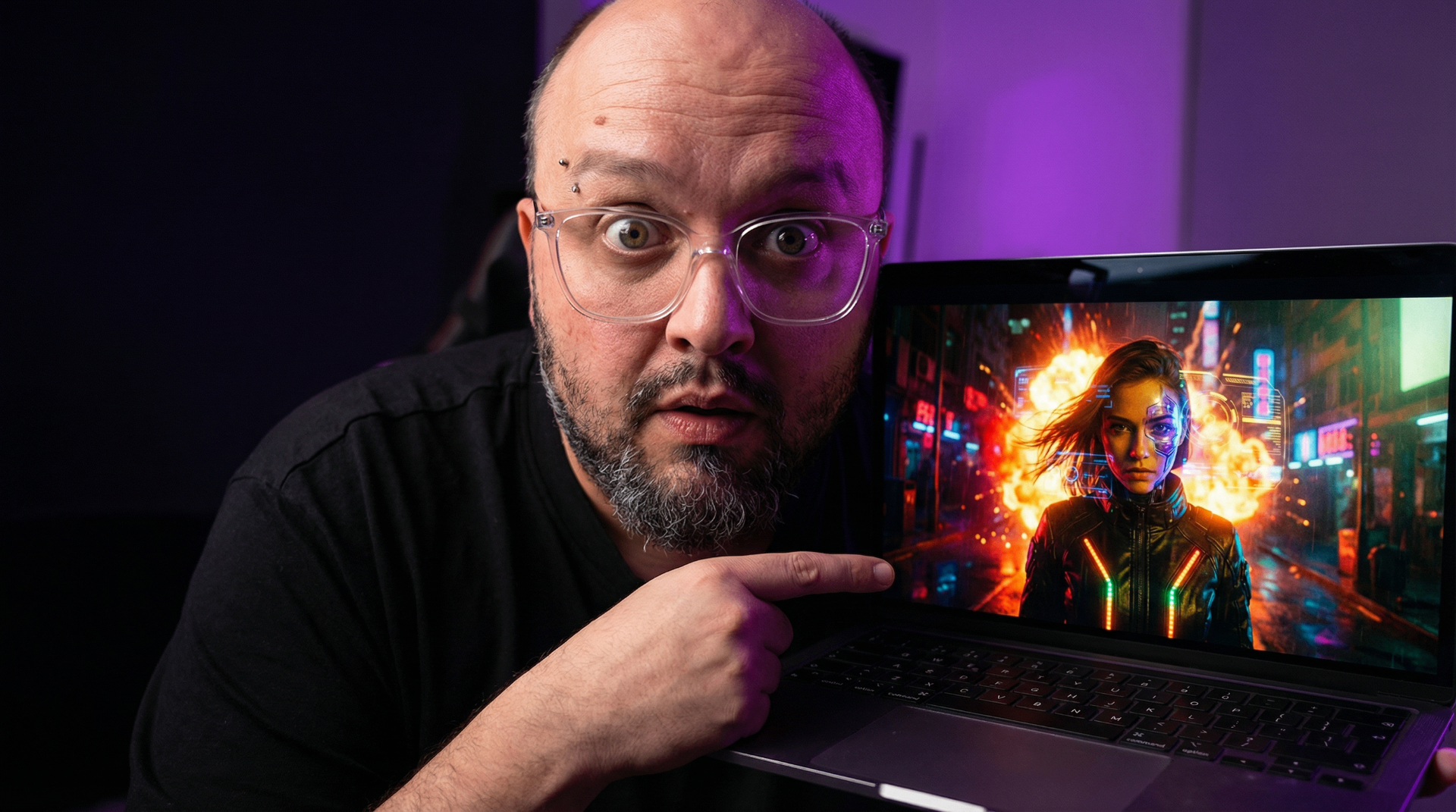Pablo Ballester, artista de VFX y tecnólogo creativo, mostrando un ejemplo de imagen generada con IA en un portátil